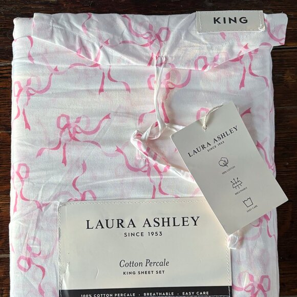 Laura Ashley King Size Sheet Set Trailing Bows Pink & White Cottage Farmhouse - Picture 1 of 6